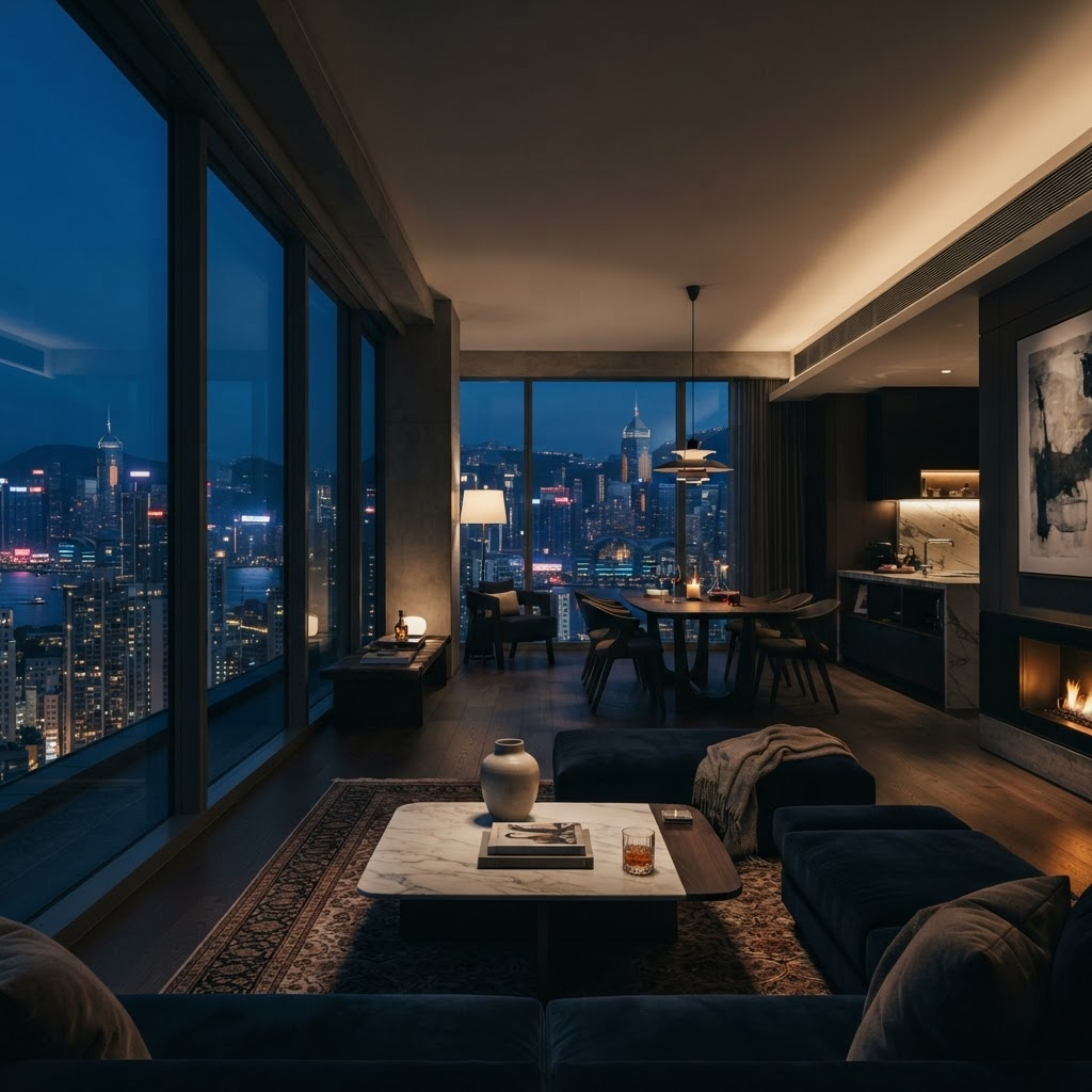 Interior de apartamento moderno al anochecer
