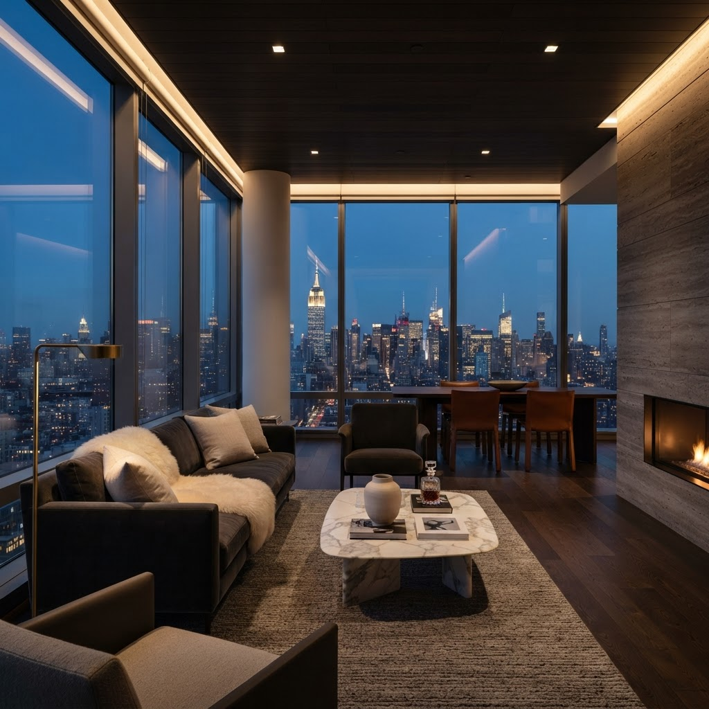 Interior de apartamento moderno con vista a la ciudad al atardecer